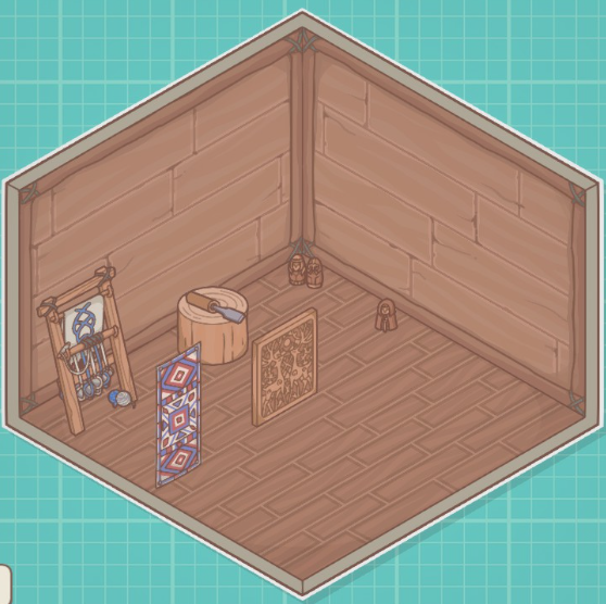 《造景贴纸：治愈小角落》第四关成就怎么解锁维京壁毯毛线球放织布机旁雕刻墙壁平凿放原木上幸福一家两木偶放一起2